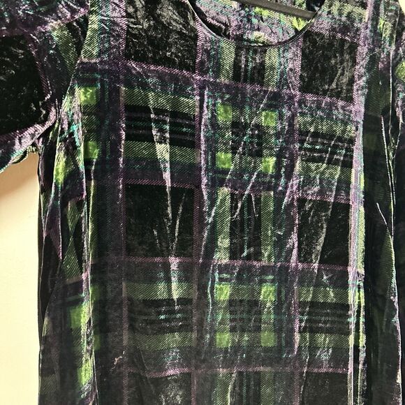 Sahara Velvet Jersey Dress Lagenlook Green Purple Tartan Check Size 3 US 10-12 - Picture 3 of 9
